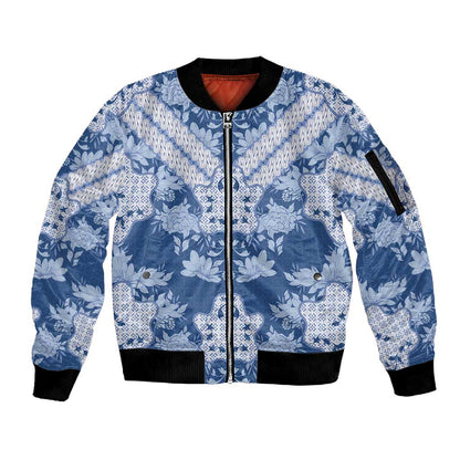 Indonesia Javanese Batik Nelson Mandela Madiba Blue Sleeve Zip Bomber Jacket - African Pride