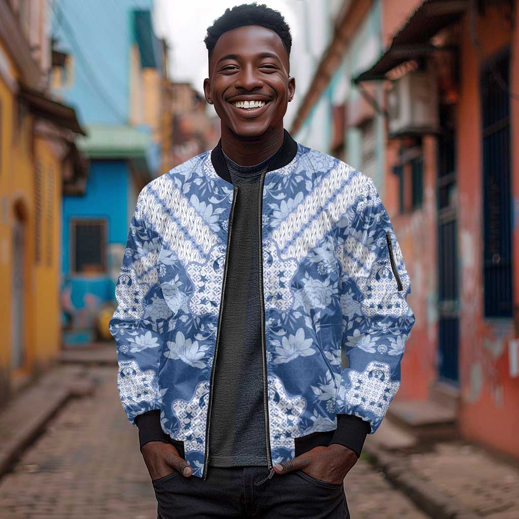 Indonesia Javanese Batik Nelson Mandela Madiba Blue Sleeve Zip Bomber Jacket - African Pride