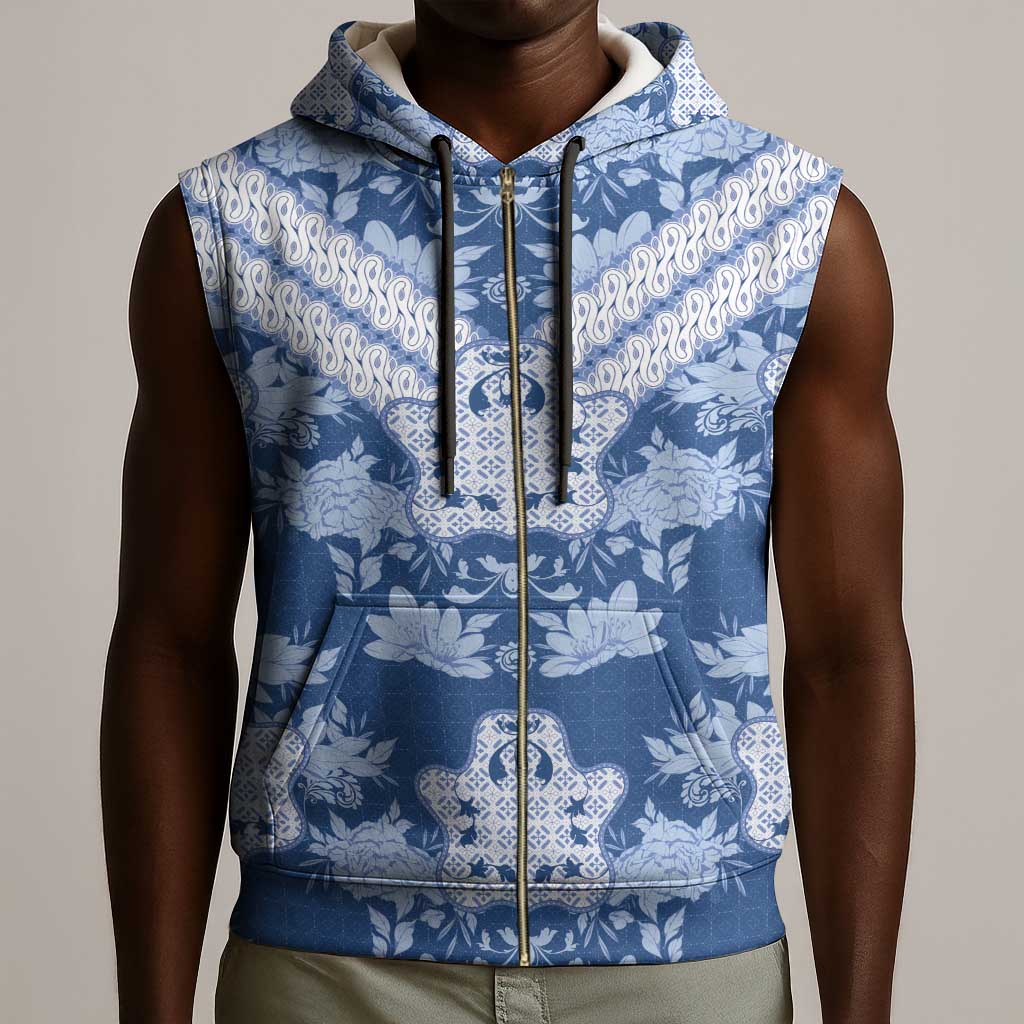 Indonesia Javanese Batik Nelson Mandela Madiba Blue Sleeveless Zip Hoodie - African Pride
