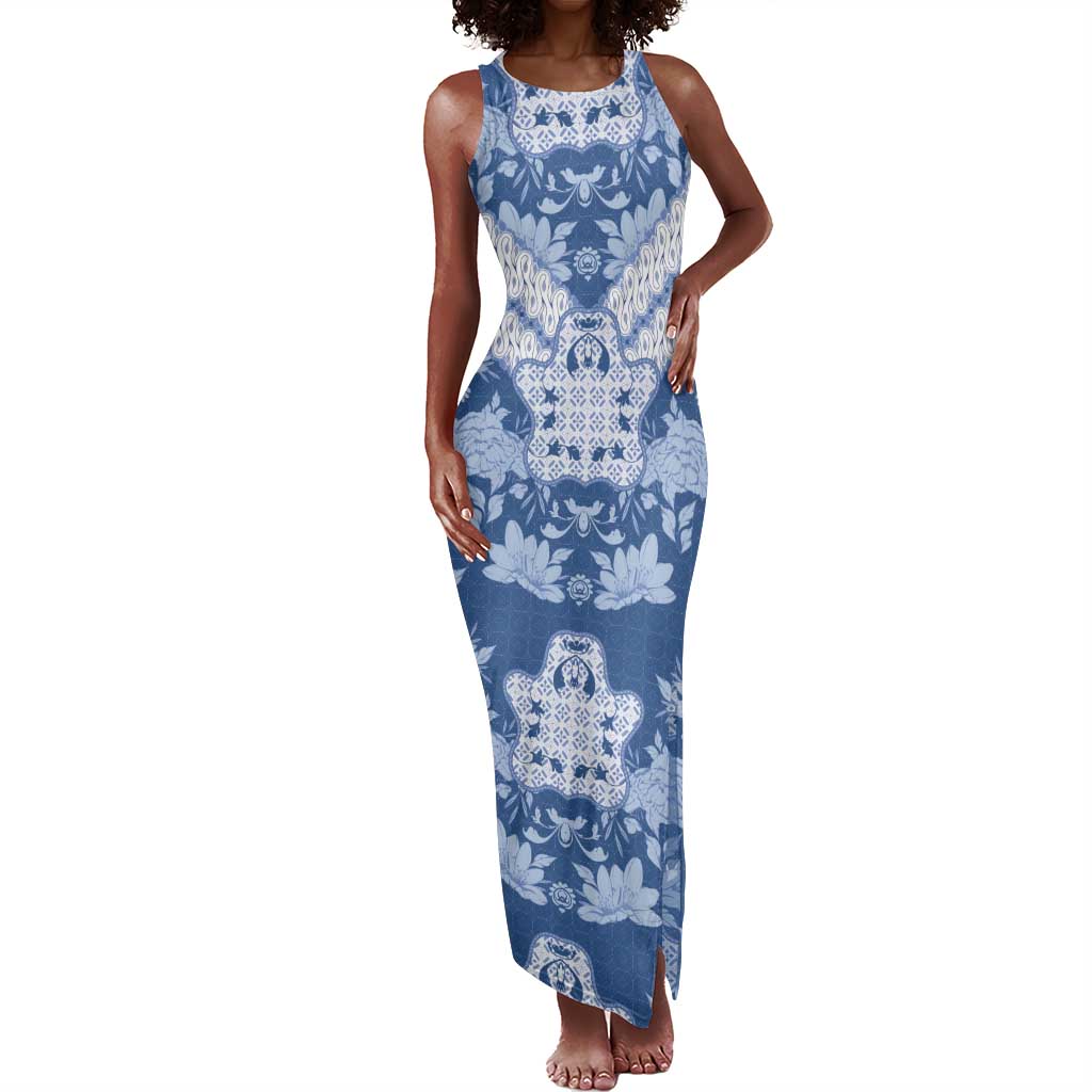 Indonesia Javanese Batik Nelson Mandela Madiba Blue Tank Maxi Dress - African Pride