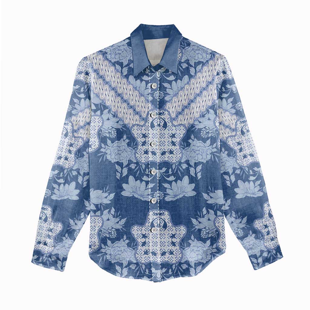 Indonesia Javanese Batik Nelson Mandela Madiba Blue Women Casual Shirt - African Pride