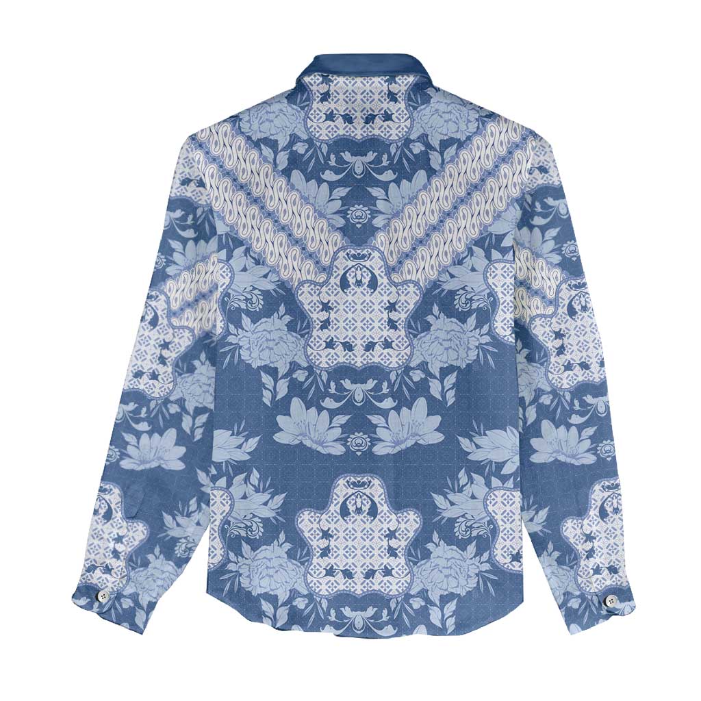 Indonesia Javanese Batik Nelson Mandela Madiba Blue Women Casual Shirt - African Pride