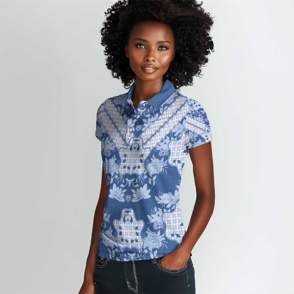 Indonesia Javanese Batik Nelson Mandela Madiba Blue Women Polo Shirt - African Pride