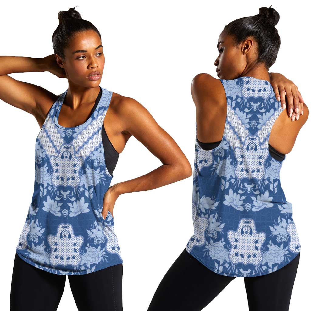 Indonesia Javanese Batik Nelson Mandela Madiba Blue Women Racerback Tank - African Pride