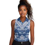 Indonesia Javanese Batik Nelson Mandela Madiba Blue Women Sleeveless Polo Shirt - African Pride