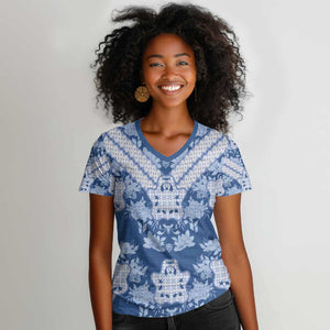 Indonesia Javanese Batik Nelson Mandela Madiba Blue Women V-Neck T-Shirt - African Pride