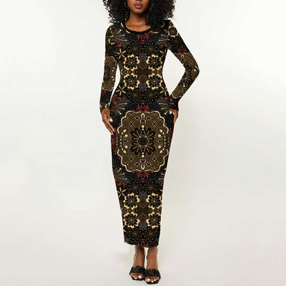 Indonesia Javanese Batik Nelson Mandela Madiba Vintage Style Long Sleeve Bodycon Dress - African Pride