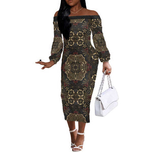 Indonesia Javanese Batik Nelson Mandela Madiba Vintage Style Off The Shoulder Long Sleeve Dress - African Pride