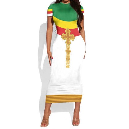 Meskel Ethiopia Short Sleeve Bodycon Dress True Cross - African Pride