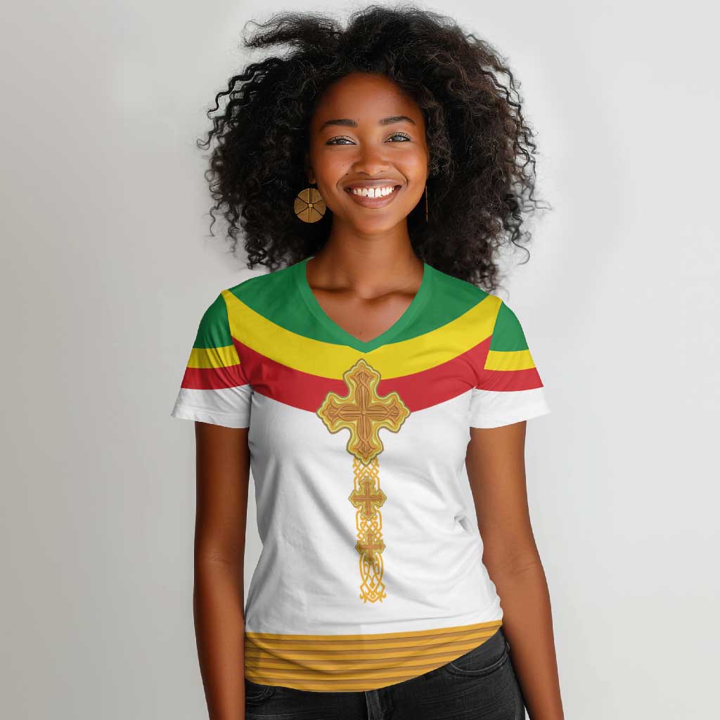 Meskel Ethiopia Women V-Neck T-Shirt True Cross - African Pride