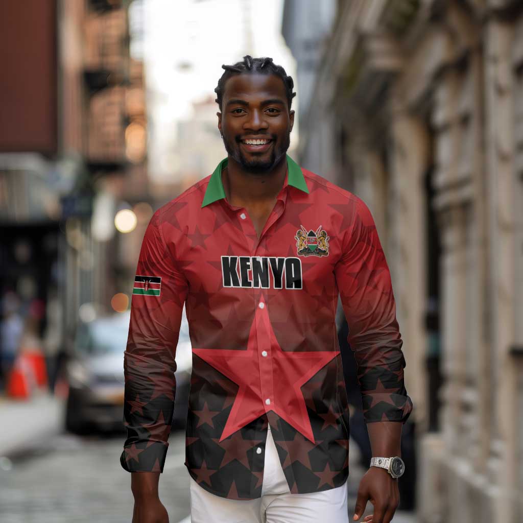 Custom Kenya Football Long Sleeve Button Shirt Harambee Harambee Stars - Red Jersey - African Pride