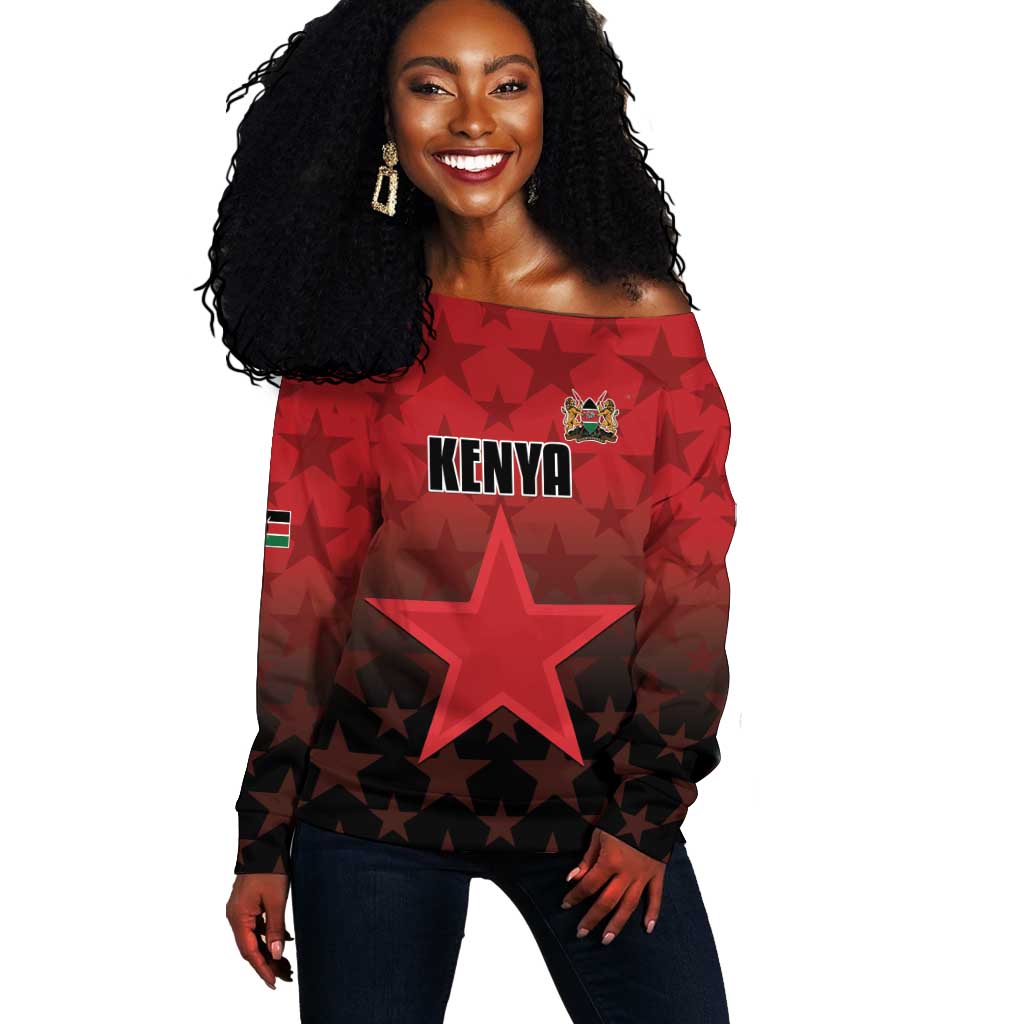 Custom Kenya Football Off Shoulder Sweater Harambee Harambee Stars - Red Jersey - African Pride