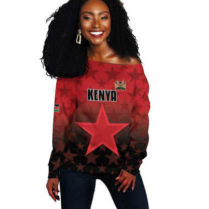 Custom Kenya Football Off Shoulder Sweater Harambee Harambee Stars - Red Jersey - African Pride