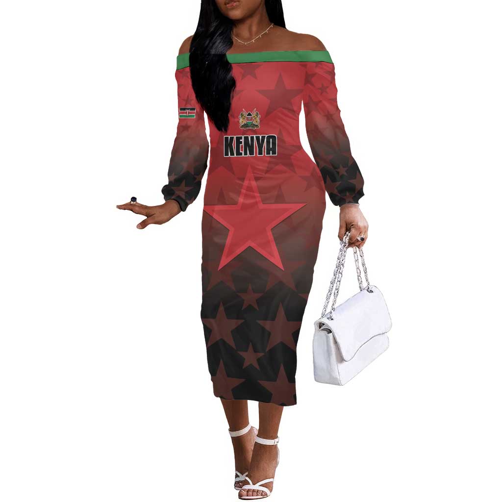 Custom Kenya Football Off The Shoulder Long Sleeve Dress Harambee Harambee Stars - Red Jersey - African Pride
