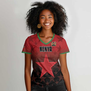 Custom Kenya Football Women V-Neck T-Shirt Harambee Harambee Stars - Red Jersey - African Pride