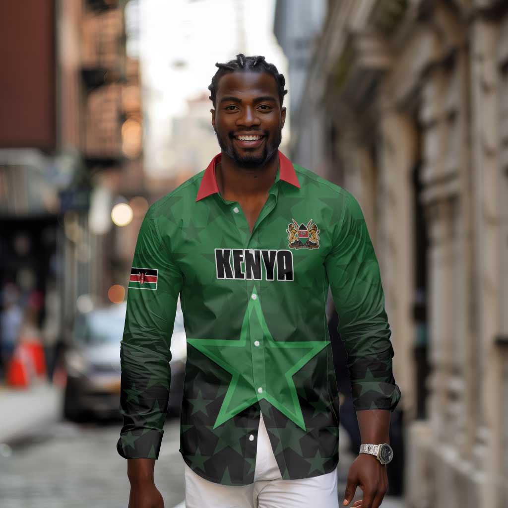 Custom Kenya Football Long Sleeve Button Shirt Harambee Harambee Stars - Green Jersey - African Pride