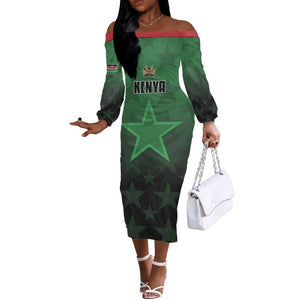 Custom Kenya Football Off The Shoulder Long Sleeve Dress Harambee Harambee Stars - Green Jersey - African Pride