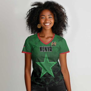 Custom Kenya Football Women V-Neck T-Shirt Harambee Harambee Stars - Green Jersey - African Pride
