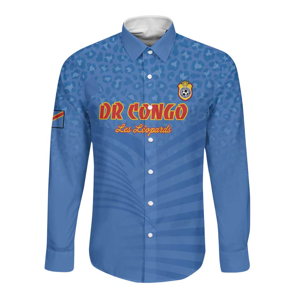 Custom DR Congo Football Long Sleeve Button Shirt Allez Les Léopards - African Pride