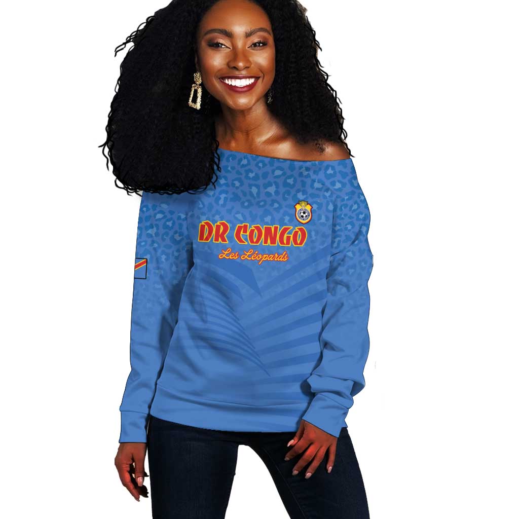 Custom DR Congo Football Off Shoulder Sweater Allez Les Léopards - African Pride