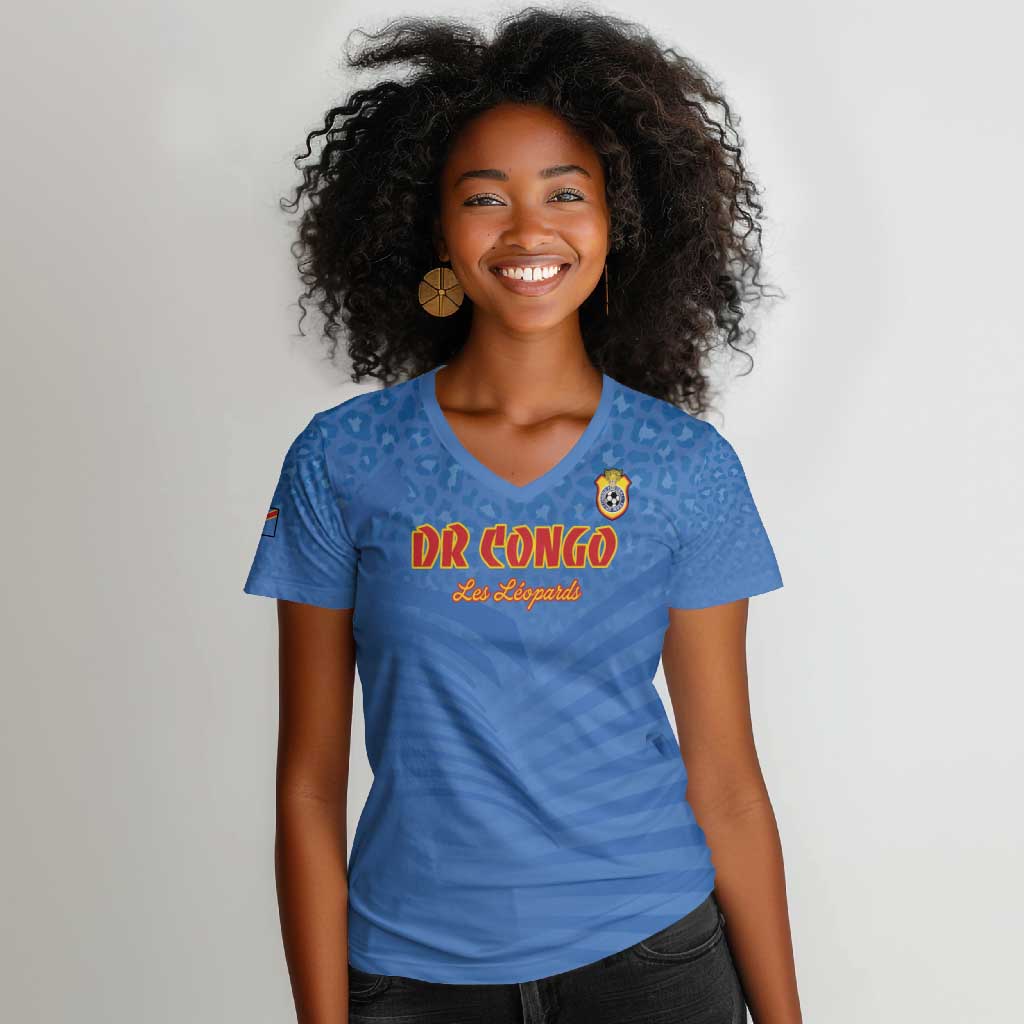 Custom DR Congo Football Women V-Neck T-Shirt Allez Les Léopards - African Pride