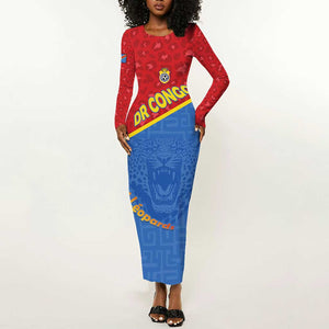Custom DR Congo Football Long Sleeve Bodycon Dress Go Champions - African Pride
