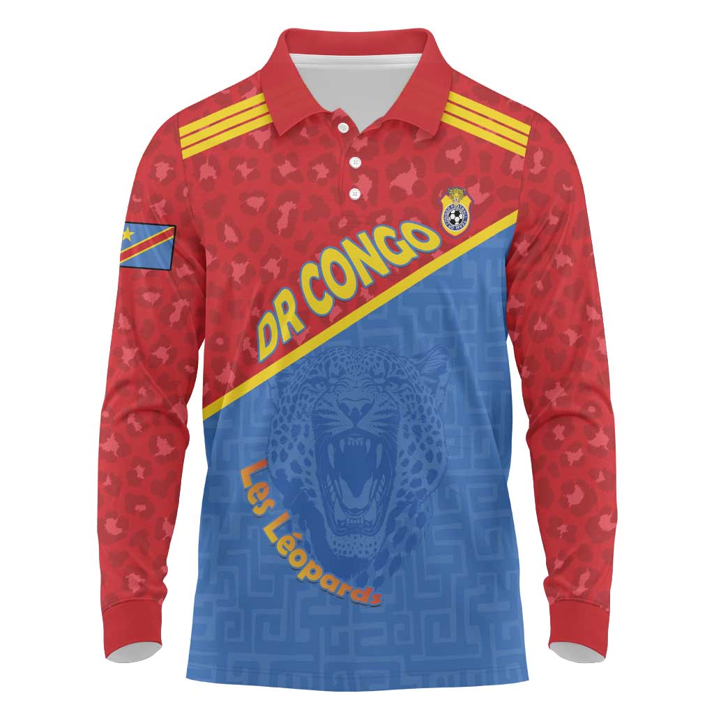 Custom DR Congo Football Long Sleeve Polo Shirt Go Champions - African Pride
