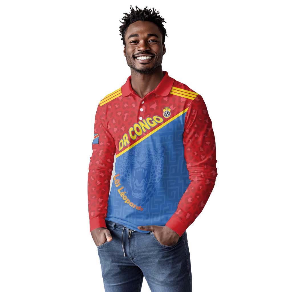 Custom DR Congo Football Long Sleeve Polo Shirt Go Champions - African Pride