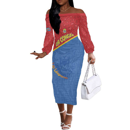 Custom DR Congo Football Off The Shoulder Long Sleeve Dress Go Champions - African Pride