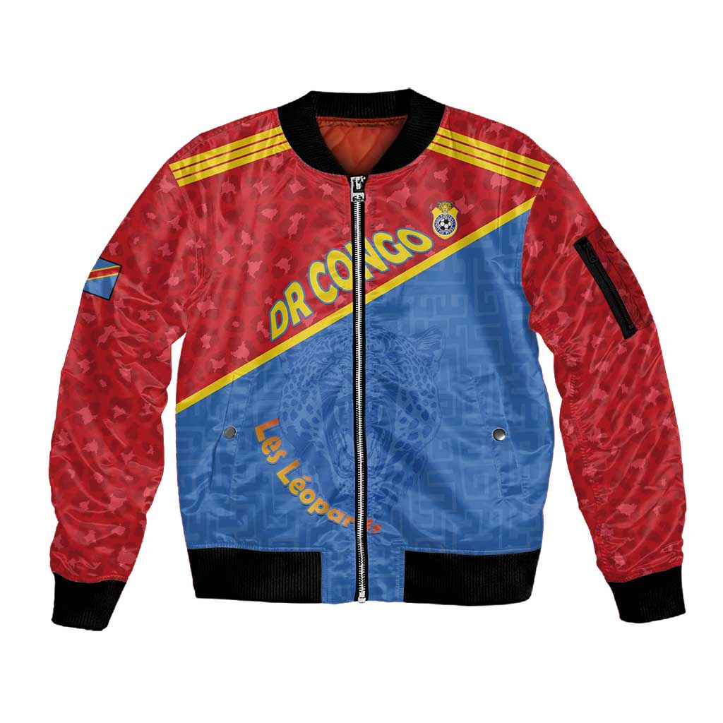 Custom DR Congo Football Sleeve Zip Bomber Jacket Go Champions - African Pride