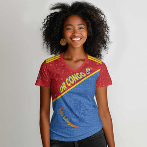 Custom DR Congo Football Women V-Neck T-Shirt Go Champions - African Pride