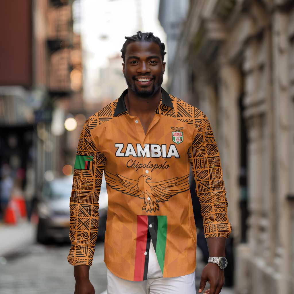 Custom Zambia Football Long Sleeve Button Shirt Come On Chipolopolo - African Pride