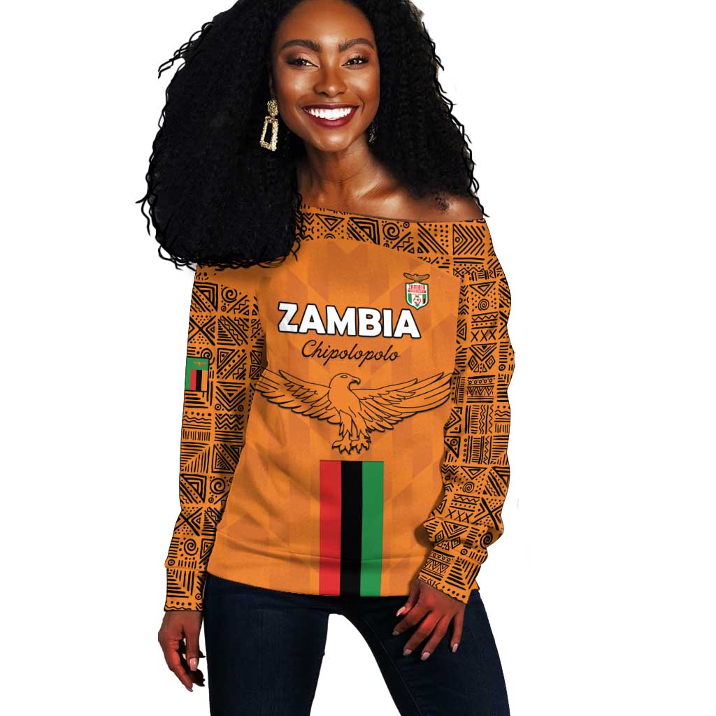 Custom Zambia Football Off Shoulder Sweater Come On Chipolopolo - African Pride