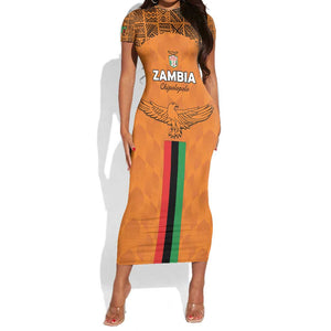 Custom Zambia Football Short Sleeve Bodycon Dress Come On Chipolopolo - African Pride