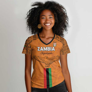 Custom Zambia Football Women V-Neck T-Shirt Come On Chipolopolo - African Pride