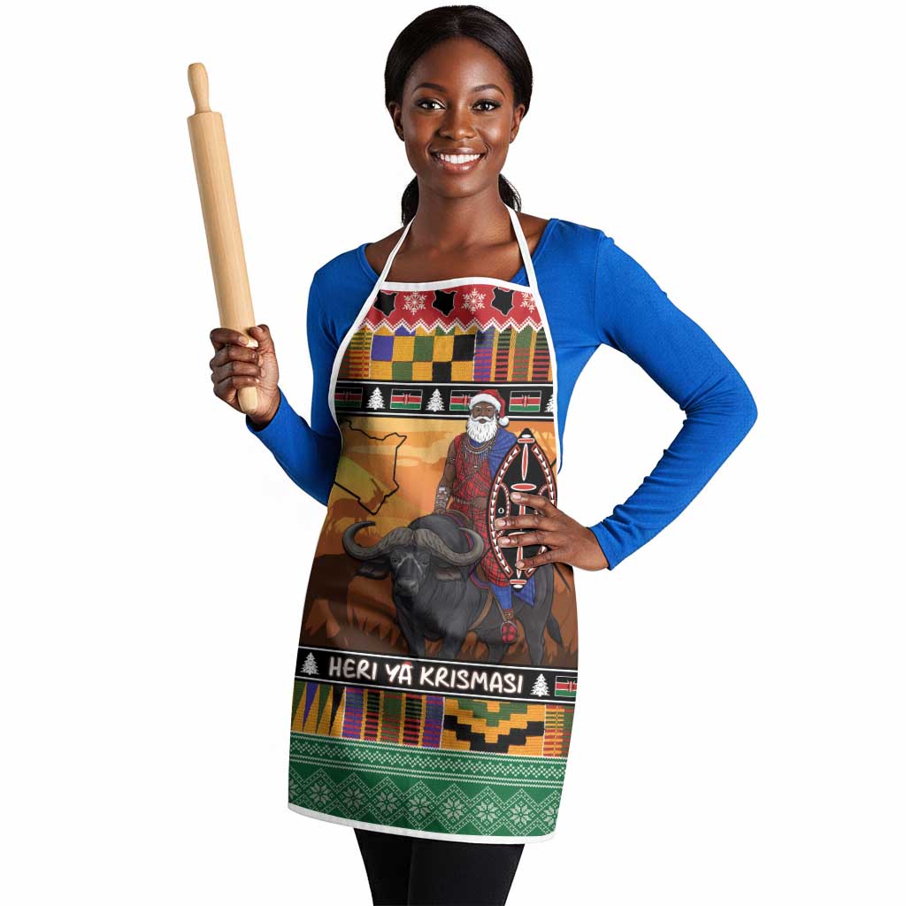 Kenya Safari Christmas Apron Black Santa Riding Cape Buffalo - Heri ya Krismasi