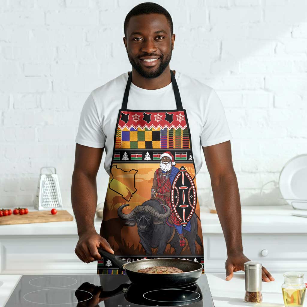 Kenya Safari Christmas Apron Black Santa Riding Cape Buffalo - Heri ya Krismasi