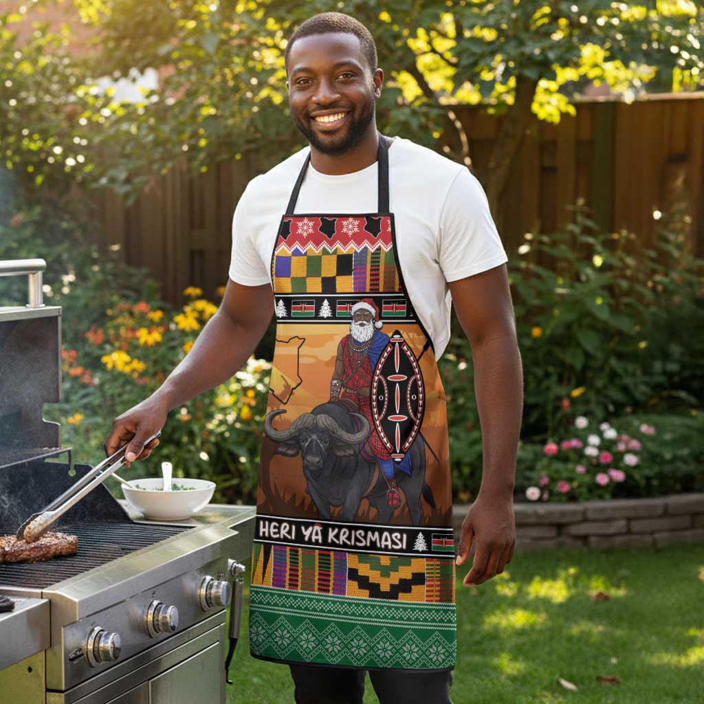 Kenya Safari Christmas Apron Black Santa Riding Cape Buffalo - Heri ya Krismasi