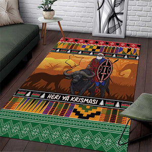 Afro Christmas in Kenya Safari Area Rug Black Santa Riding Cape Buffalo - African Pride
