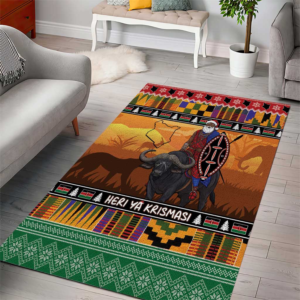 Afro Christmas in Kenya Safari Area Rug Black Santa Riding Cape Buffalo - African Pride