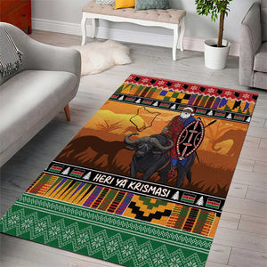 Afro Christmas in Kenya Safari Area Rug Black Santa Riding Cape Buffalo - African Pride