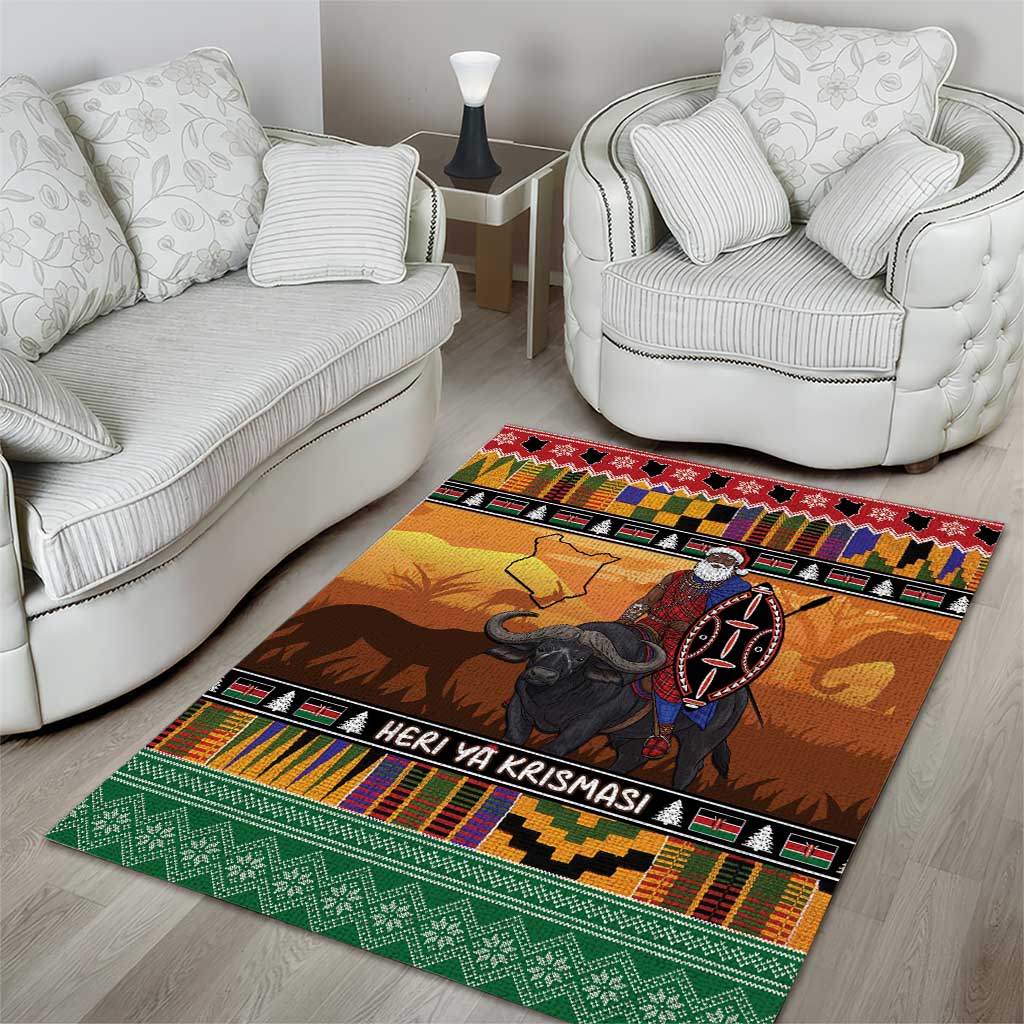 Afro Christmas in Kenya Safari Area Rug Black Santa Riding Cape Buffalo - African Pride