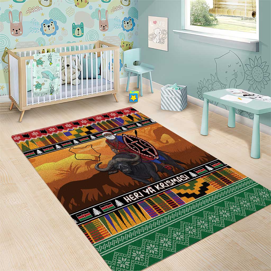 Afro Christmas in Kenya Safari Area Rug Black Santa Riding Cape Buffalo - African Pride