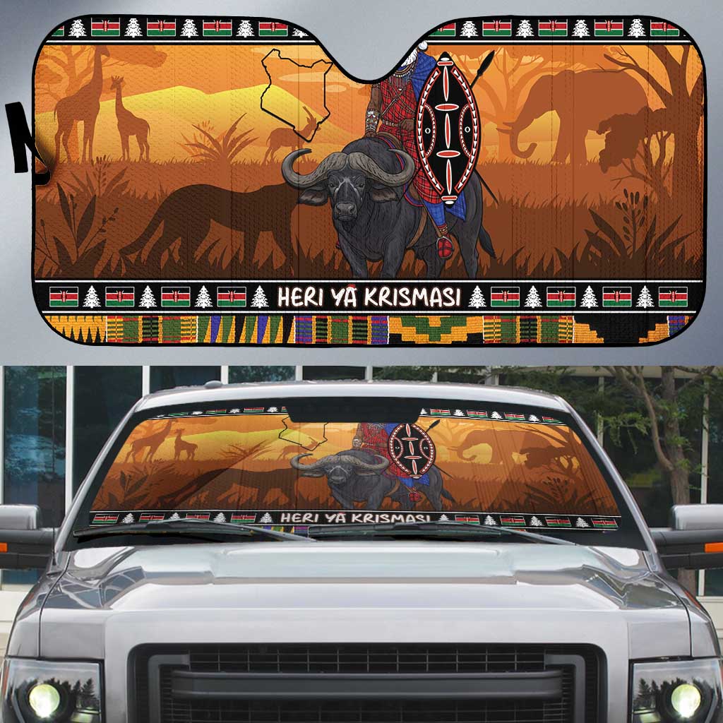 Kenya Safari Christmas Auto Sun Shade Black Santa Riding Cape Buffalo - Heri ya Krismasi
