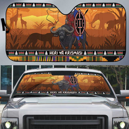 Kenya Safari Christmas Auto Sun Shade Black Santa Riding Cape Buffalo - Heri ya Krismasi