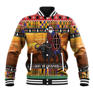Afro Christmas in Kenya Safari Baseball Jacket Black Santa Riding Cape Buffalo - African Pride