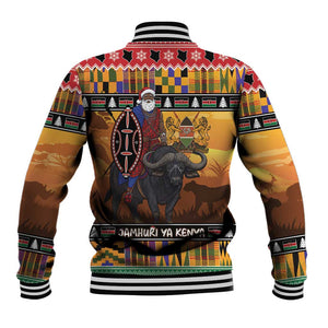 Afro Christmas in Kenya Safari Baseball Jacket Black Santa Riding Cape Buffalo - African Pride