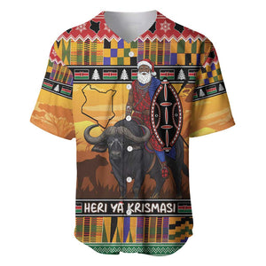 Afro Christmas in Kenya Safari Baseball Jersey Black Santa Riding Cape Buffalo - African Pride