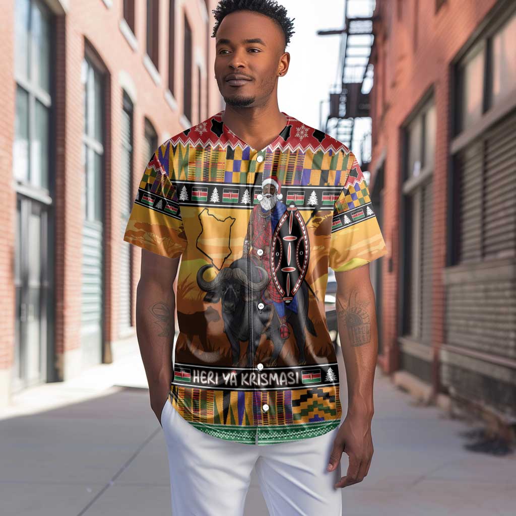 Afro Christmas in Kenya Safari Baseball Jersey Black Santa Riding Cape Buffalo - African Pride