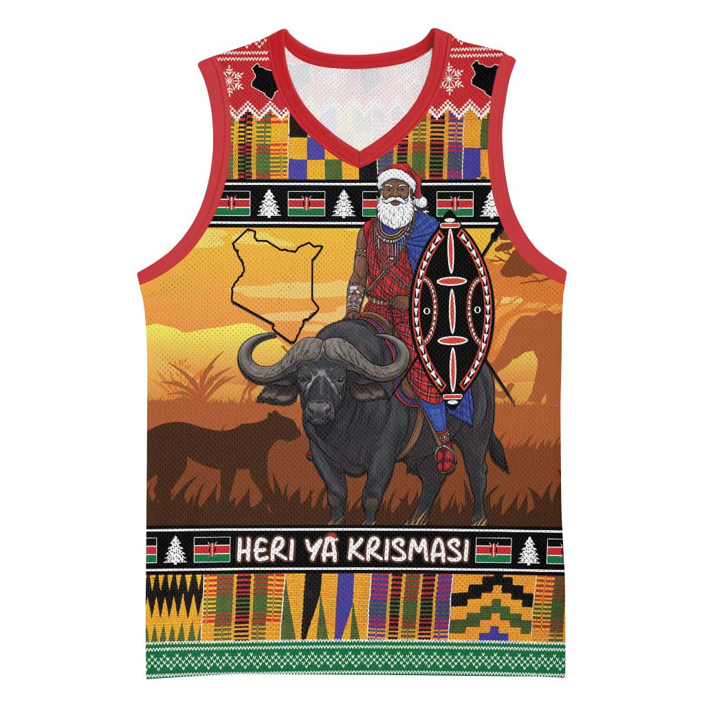 Afro Christmas in Kenya Safari Basketball Jersey Black Santa Riding Cape Buffalo - African Pride